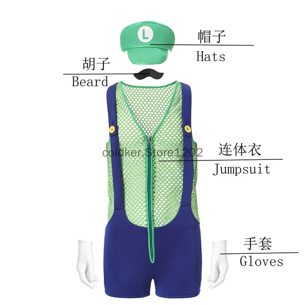 Halloween Adult Anime Cosplay Costume With Hat Men Sexy Costume Red Blue Plumber Brother Fancy Set Carnival Party Dress Up