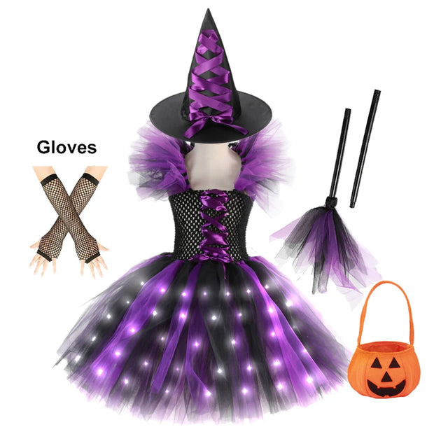 Halloween Girls Witch Cosplay Costume LED Light Carnival Tutu Party Dress