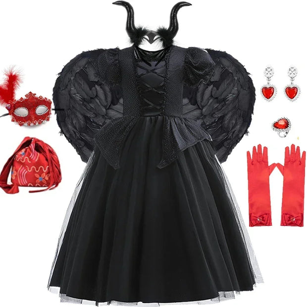 Maleficent Halloween Black Ghost Costume With Short Sleeve Fancy Lace Witch Dress For Kids