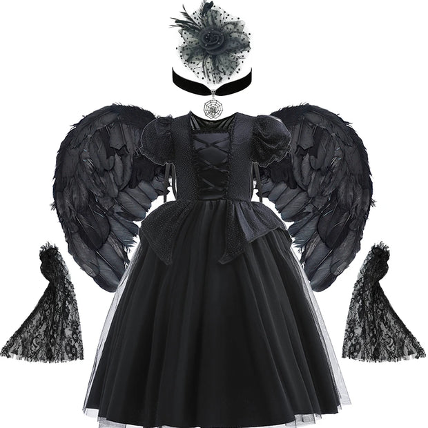 Halloween Ghost Costume Black Fancy Lace Witch Dress For Kids