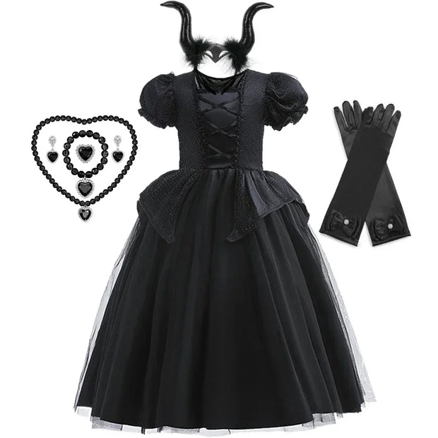 Maleficent Halloween Black Ghost Costume With Short Sleeve Fancy Lace Witch Dress For Kids