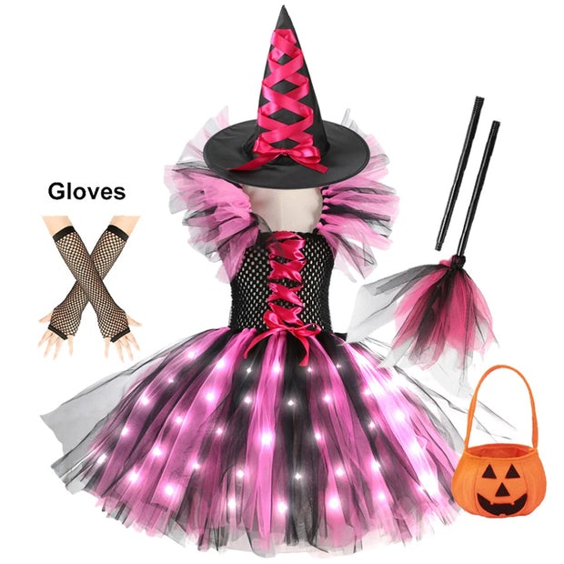 Halloween Girls Witch Cosplay Costume LED Light Carnival Tutu Party Dress
