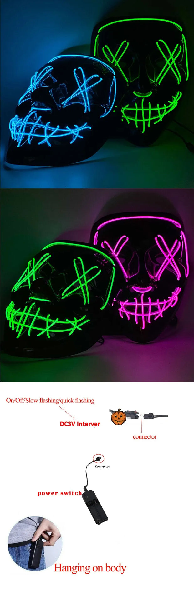 Halloween Neon Led Purge Mask Masque Masquerade Party Masks Light Grow in the Dark Horror Mask Glowing Masker