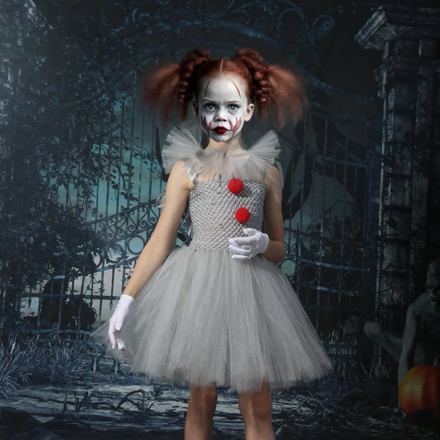 Clown Tutu Dress Girls Kids Joker Cosplay Costume with Hair Pin Gloves Halloween Apparel Pennywise Inspired Horrible Creature It