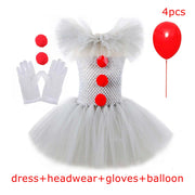 Clown Tutu Dress Girls Kids Joker Cosplay Costume with Hair Pin Gloves Halloween Apparel Pennywise Inspired Horrible Creature It
