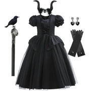 Maleficent Halloween Black Ghost Costume With Short Sleeve Fancy Lace Witch Dress For Kids