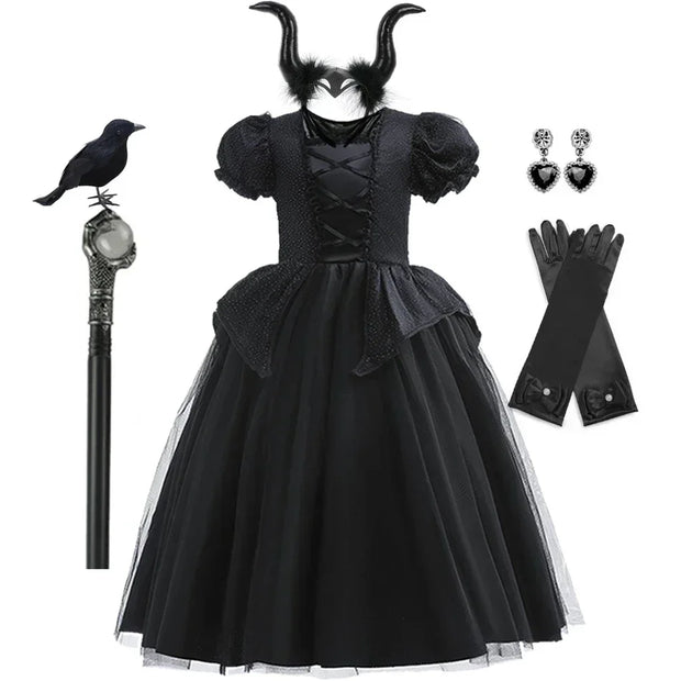 Maleficent Halloween Black Ghost Costume With Short Sleeve Fancy Lace Witch Dress For Kids