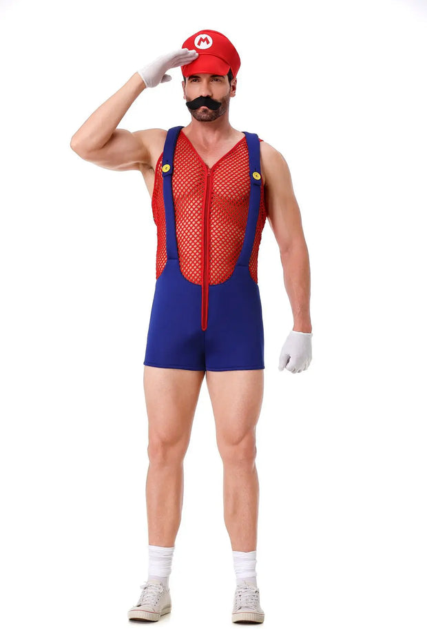 Halloween Adult Anime Cosplay Costume With Hat Men Sexy Costume Red Blue Plumber Brother Fancy Set Carnival Party Dress Up