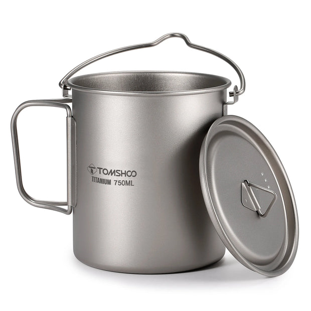 TOMSHOO Ultralight 750ml Titanium Pot Portable Titanium Water Mug Cup with Lid and Foldable Handle Outdoor Camping Cooking Sets