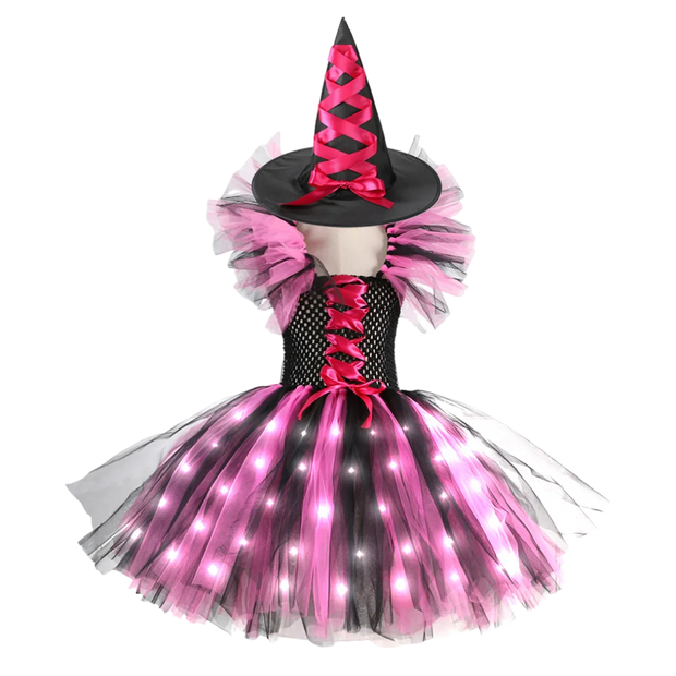 Halloween Girls Witch Cosplay Costume LED Light Carnival Tutu Party Dress