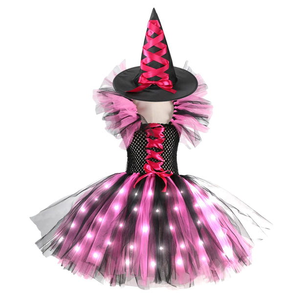 Halloween Girls Witch Cosplay Costume LED Light Carnival Tutu Party Dress