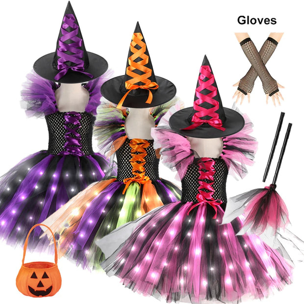 Halloween Girls Witch Cosplay Costume LED Light Carnival Tutu Party Dress