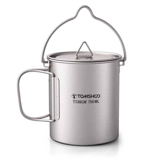 TOMSHOO Ultralight 750ml Titanium Pot Portable Titanium Water Mug Cup with Lid and Foldable Handle Outdoor Camping Cooking Sets