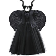 Maleficent Halloween Black Ghost Costume With Short Sleeve Fancy Lace Witch Dress For Kids