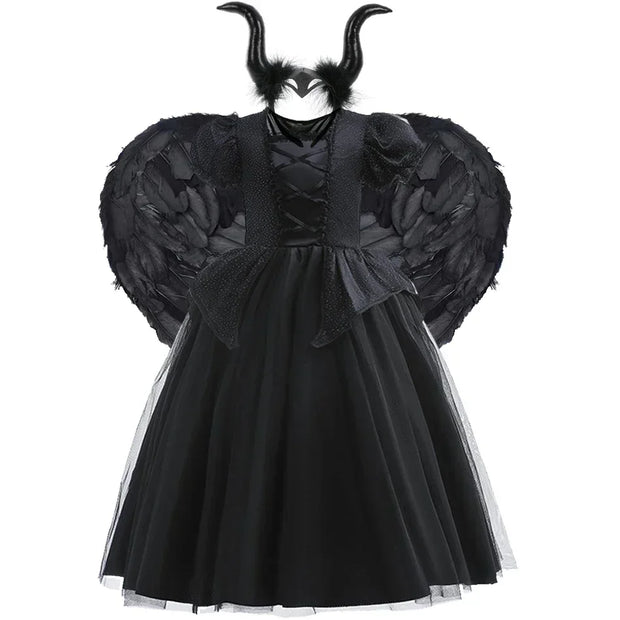Maleficent Halloween Black Ghost Costume With Short Sleeve Fancy Lace Witch Dress For Kids