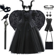 Maleficent Halloween Black Ghost Costume With Short Sleeve Fancy Lace Witch Dress For Kids