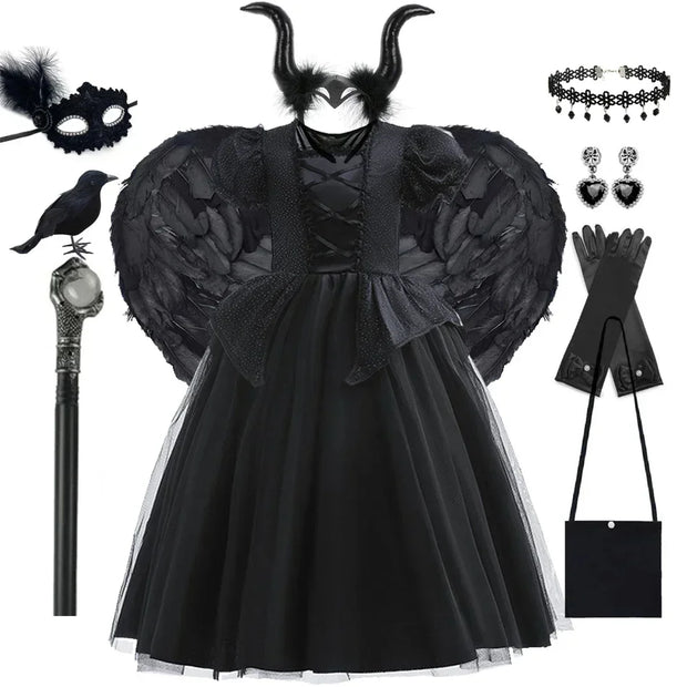Maleficent Halloween Black Ghost Costume With Short Sleeve Fancy Lace Witch Dress For Kids