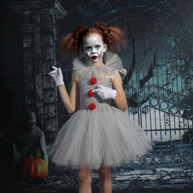 Clown Tutu Dress Girls Kids Joker Cosplay Costume with Hair Pin Gloves Halloween Apparel Pennywise Inspired Horrible Creature It