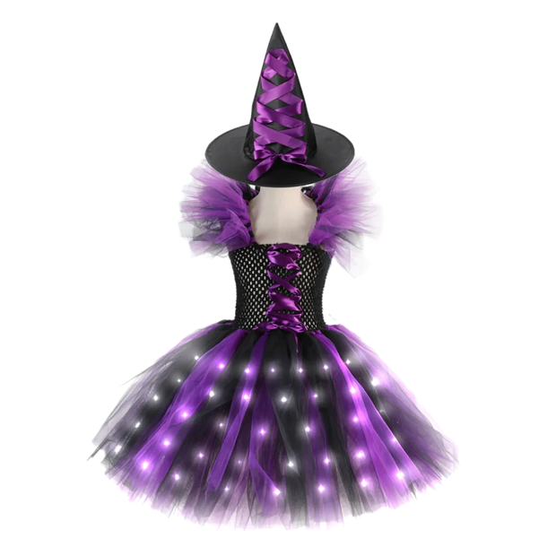 Halloween Girls Witch Cosplay Costume LED Light Carnival Tutu Party Dress