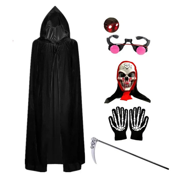 Halloween Kids Red Eyes with Hooded Cape and Scythe Props Scary Grim Reaper Kids Mask Gloves Costume Easter Rave Robe