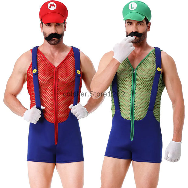 Halloween Adult Anime Cosplay Costume With Hat Men Sexy Costume Red Blue Plumber Brother Fancy Set Carnival Party Dress Up