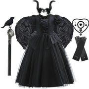 Maleficent Halloween Black Ghost Costume With Short Sleeve Fancy Lace Witch Dress For Kids