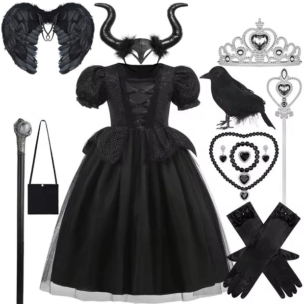 Maleficent Halloween Black Ghost Costume With Short Sleeve Fancy Lace Witch Dress For Kids