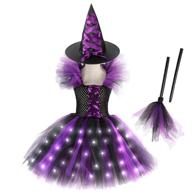 Halloween Girls Witch Cosplay Costume LED Light Carnival Tutu Party Dress