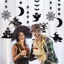 6pcs Halloween Hanging Banner Garland Scary Spider Witch Ghost House Star Moon Decor Backdrop