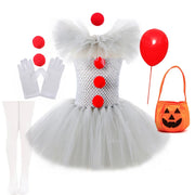 Clown Tutu Dress Girls Kids Joker Cosplay Costume with Hair Pin Gloves Halloween Apparel Pennywise Inspired Horrible Creature It