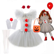 Clown Tutu Dress Girls Kids Joker Cosplay Costume with Hair Pin Gloves Halloween Apparel Pennywise Inspired Horrible Creature It