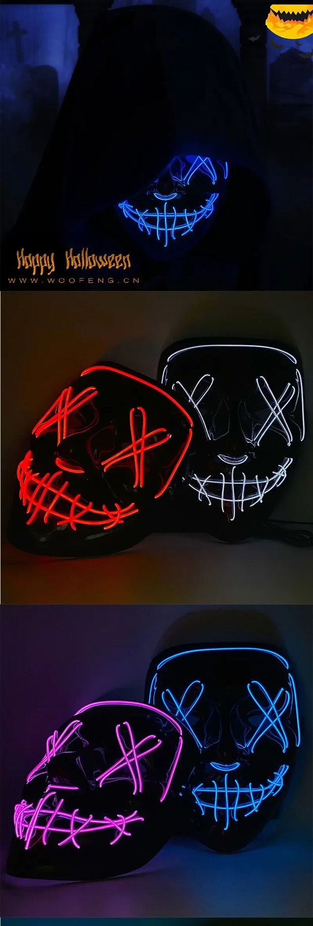 Halloween Neon Led Purge Mask Masque Masquerade Party Masks Light Grow in the Dark Horror Mask Glowing Masker