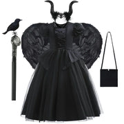 Maleficent Halloween Black Ghost Costume With Short Sleeve Fancy Lace Witch Dress For Kids