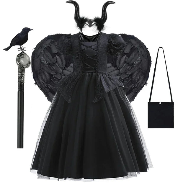Maleficent Halloween Black Ghost Costume With Short Sleeve Fancy Lace Witch Dress For Kids