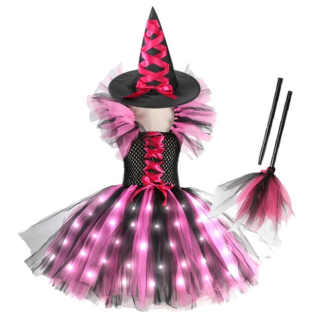 Halloween Girls Witch Cosplay Costume LED Light Carnival Tutu Party Dress