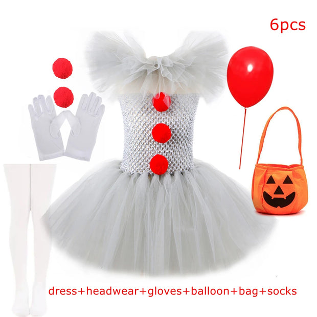 Clown Tutu Dress Girls Kids Joker Cosplay Costume with Hair Pin Gloves Halloween Apparel Pennywise Inspired Horrible Creature It