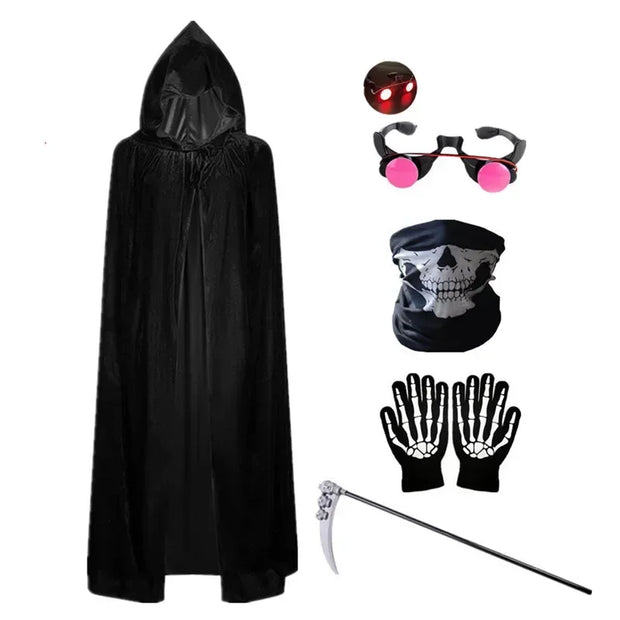 Halloween Kids Red Eyes with Hooded Cape and Scythe Props Scary Grim Reaper Kids Mask Gloves Costume Easter Rave Robe